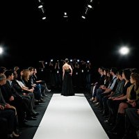 model in gown at end of catwalk posing - fashion week stock pictures, royalty-free photos & images