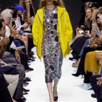 Model is seen on the catwalk at the Prada fashion show during Milan Fashion Week, September 19 2023.