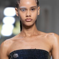 Model, make-up detail, walks the runway during the Ottolinger Womenswear Spring/Summer 2024 show as part of Paris Fashion Week on October 01, 2023 in...