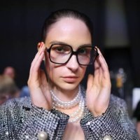 Model poses ahead of the COLLECTIVEFOUR Marcel Ostertag show during Berlin Fashion Week SS25 at Uber Eats Music Hall on July 03, 2024 in Berlin,...