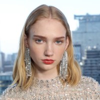 Model poses backstage at the Carolina Herrera show during the February 2025 New York Fashion Week on February 10, 2025 in New York City.