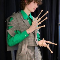 Model poses backstage prior to the Walter Van Beirendonck Menswear Fall-Winter 2025/2026 show as part of Paris Fashion Week on January 22, 2025 in...