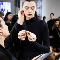 Model prepares backstage prior to the Atlein Womenswear Fall/Winter 2024-2025 show as part of Paris Fashion Week on March 03, 2024 in Paris, France.