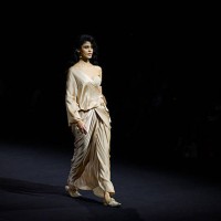 Model presents a collection by designer Tarun Tahiliani during Lakme Fashion week 2025 on March 29, 2025 in Mumbai, India.