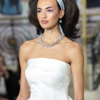 Model walks the runway at the Paul Costelloe show during London Fashion Week September 2024 at on September 13, 2024 in London, England.