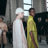Models are seen backstage ahead of the Jil Sander fashion show during the Milan Fashion Week Womenswear Spring/Summer 2024 on September 23, 2023 in...