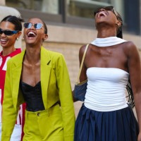 Models are seen posing, outside Brandon Maxwell, during New York Fashion Week, on September 12, 2023 in New York City.