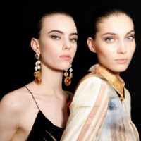 Models pose backstage at the Roberto Cavalli fashion show during the Milan Fashion Week - Womenswear Fall/Winter 2025/2026 on February 27, 2025 in...