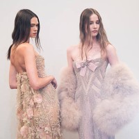 Models pose backstage prior to the Elie Saab Haute Couture Fall/Winter 2025/2026 show as part of Paris Fashion Week on July 09, 2025 in Paris, France.