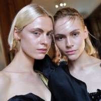 Models pose backstage prior to the Peet Dullaert Womenswear Spring/Summer 2024 show as part of Paris Fashion Week on September 29, 2023 in Paris,...