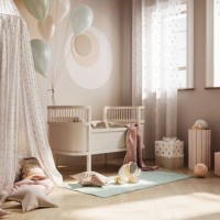 modern baby room interior withteepee, crib, balloons, and toys. birthday concept. - home decoration stock pictures, royalty-free photos & images
