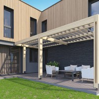modern backyard terrace with canopy, wood decking, and scandinavian facade - garden decoration stock pictures, royalty-free photos & images