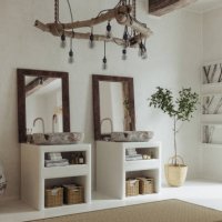 modern bathroom with marble sinks, white cabinets and potted plant - home decoration stock pictures, royalty-free photos & images