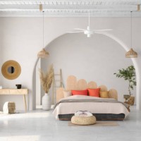 modern bedroom interior with double bed, wicker lamps, red pillows and potted plant - home decoration stock pictures, royalty-free photos & images