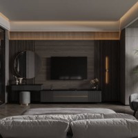 modern bedroom interior with television set, dressing table, walk in closet, armchair and rear view of double bed at night - home decoration stock pictures, royalty-free photos & images