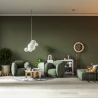 modern bohemian home interior with cozy green accents - home decoration stockfoto's en -beelden