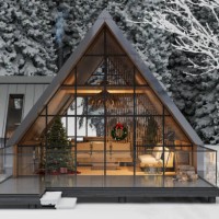 modern chalet in winter with christmas decoration. living room with christmas tree and gift boxes. snow covered trees on background - garden decoration stock pictures, royalty-free photos & images