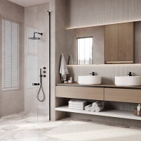 modern contemporary beige concrete bathroom with shower and nobody present - home decoration stock pictures, royalty-free photos & images
