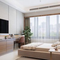 modern hotel room with double bed, night tables, tv set and cityscape from the window - home decoration stock pictures, royalty-free photos & images