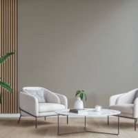 modern interior: a living/waiting room with a couple of cozy armchairs in front of a partly light gray, partly hardwood paneled accent wall background, large window and decoration - home decoration stock pictures, royalty-fre