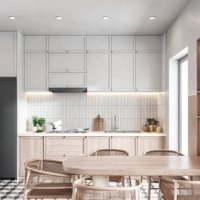 modern kitchen and dining room with table and chairs on retro tiled floor - food stock pictures, royalty-free photos & images