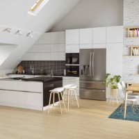 modern kitchen in attic with white cabinets, kitchen island, dining table and chairs - food stock pictures, royalty-free photos & images