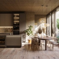 modern kitchen interior with cabinets, kitchen island, dining table, chairs and pendant lights - home decoration stock pictures, royalty-free photos & images