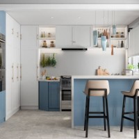 modern kitchen interior with kitchen island, blue and white cabinets and chairs - home decoration stock pictures, royalty-free photos & images