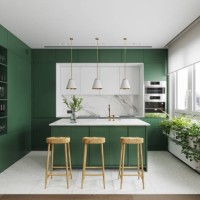 modern kitchen interior with kitchen island, wood stools, pendant lights and green cabinets - home decoration stock pictures, royalty-free photos & images