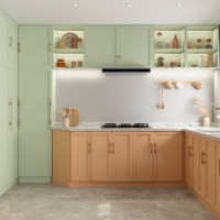 modern kitchen interior with pastel colored cabinets - home decoration stockfoto's en -beelden