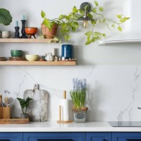 modern kitchen with blue facades, white hood, marble wall and open wooden shelves with potted plants - home decoration stock pictures, royalty-free photos & images