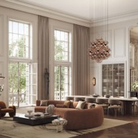 modern living room design with open dining area - digitally generated - home decoration stock pictures, royalty-free photos & images