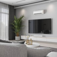 modern living room interior with air conditioner, television set, potted plant and sofa - home decoration stock pictures, royalty-free photos & images
