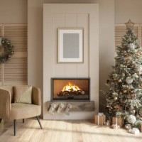 modern living room interior with christmas tree, ornaments, gift boxes, fireplace and armchair - home decoration stock pictures, royalty-free photos & images