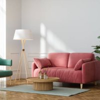 modern living room interior with pink sofa, green armchair, potted plant and floor lamp - home decoration stock pictures, royalty-free photos & images