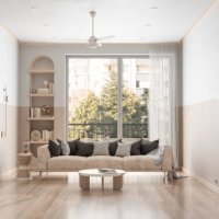 modern living room interior with sofa, coffee table, parquet floor and garden view from the window - home decoration stock pictures, royalty-free photos & images