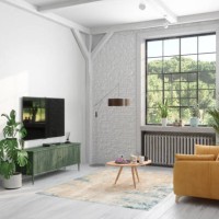 modern living room interior with television set, bookshelf, potted plant coffee table and rear view of sofa - home decoration stock pictures, royalty-free photos & images