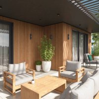 modern luxurious villa balcony with green garden in pine forest - home decoration stock pictures, royalty-free photos & images