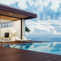 modern luxury house with infinity pool at dawn - garden decoration stock pictures, royalty-free photos & images