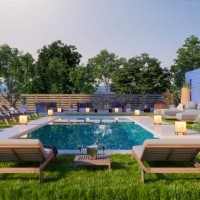 modern luxury villa with large terrace, swimming pool, sofa and lounge chairs - home decoration stock pictures, royalty-free photos & images