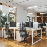 modern office space with computers, tables and office chairs - garden decoration stock pictures, royalty-free photos & images