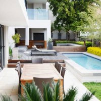 modern patio next to swimming pool - home decoration stock pictures, royalty-free photos & images
