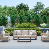 modern patio with sofa, armchairs, coffee table and garden view background - garden decoration stock pictures, royalty-free photos & images