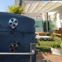 modern set of barbecue at backyard terrace in summer time - garden decoration stock pictures, royalty-free photos & images