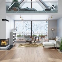 modern villa interior with christmas tree, gift boxes, fireplace, sofa and snowy garden view through the window. attic bedroom decorated for christmas - garden decoration stock pictures, royalty-free photos & images