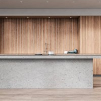 modern white kitchen with rectangular gray concrete breakfast kitchen island and counter top - garden decoration stock pictures, royalty-free photos & images