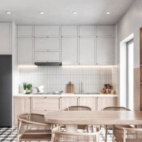 moderne küche und esszimmer mit tisch und stühlen auf retro-fliesenboden - fashion stock-fotos und bilder