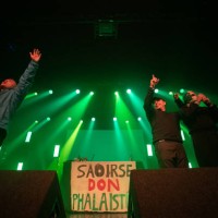 Moglai Bap, Mo Chara and DJ Provai of Kneecap performs at The 3Olympia Theatre Dublin on December 12, 2023 in Dublin, Ireland.
