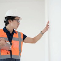 monitoring interior wall inspections within a virtual environment. male japanese construction engineer is final inspection of the surface a interior wall during the house building delivery. - home decoration stock pictures, r