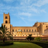 monreale cathedral exterior and the benedictine cloister - garden decoration stock pictures, royalty-free photos & images